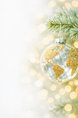 Clear Christmas globe ornament with sparkling gold glitter earth map, elegant global holiday celebration, ideal for international corporate greeting cards