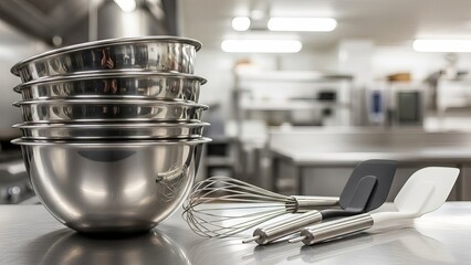Stack of Stainless Steel Bowls and Whisks in a Commercial Kitchen
