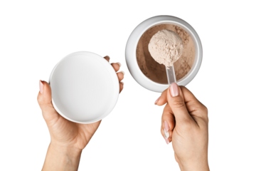Top view of female hand holding measuring scoop with chocolate whey protein powder above plastic jar, isolated on transparent background, concept of sports nutrition and dietary supplements