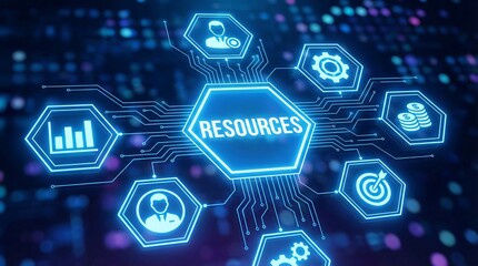 Business resources concept with glowing neon icons and circuitry