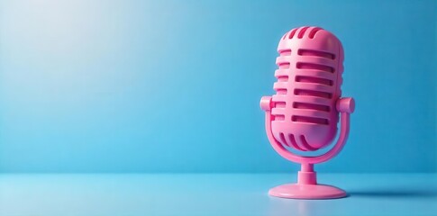 Stylish pink microphone symbol against a calming blue backdrop, ideal for audio related projects , header, modern