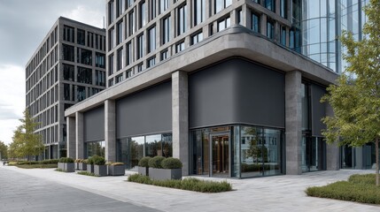 Fototapeta premium Contemporary office buildings stand tall, displaying large windowed structures with gray blinds, complemented by neat shrubs, sleek planters and artistic pavement designs