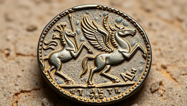 Ancient Carthaginian shekel replica, Tanit and Pegasus depicted For historical, mythology, or collectible themes,  isolated object,  historical artifact