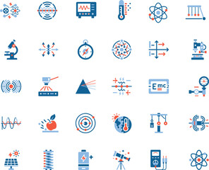 collection science physics vector flat icons, concepts tools fields
