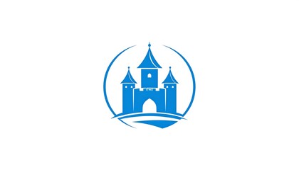 Stylized blue castle with towers encircled within a blue ring on a white background