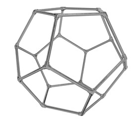 shiny silver steel dodecahedron frame isolated on white. realistic 3d chrome metal geometric shape. industrial platonic solid structure for math or science.