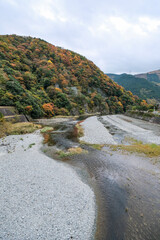 三保ダムから見た河内川と紅葉した山々