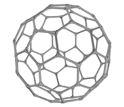 realistic 3d render of a metallic geodesic sphere or buckyball structure. shiny steel fullerene molecule model isolated for chemistry science or nanotechnology.