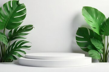 White minimalist podium, golden accents, tropical leaves , tropical, nature