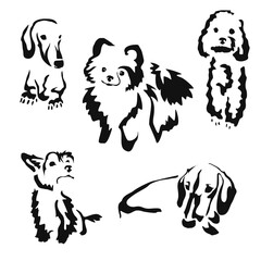 Vector drawing of a dog. Black and white gestalt design of a funny pet. Little doggy. Cute animal illustration. Postcard for International Dog Day. Drawing of an animal in the Gestalt style.	
