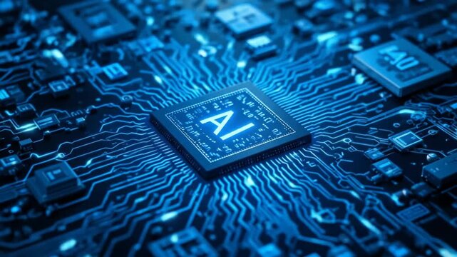 An AI circuit microchip with a glowing blue line, surrounded by a legal scale, warning symbols, datasheets, and binary code, representing ethical AI, AI governance, and data integrity assurance. 4k