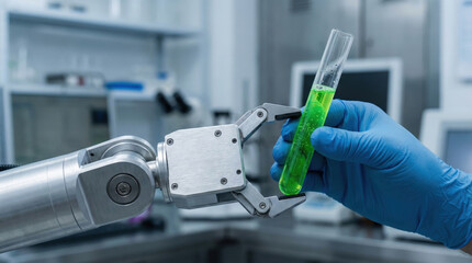 Futuristic robotic arm holding green liquid with human hand in biotechnology laboratory