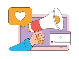 Hand holding megaphone with heart speech bubble on smartphone screen advertising