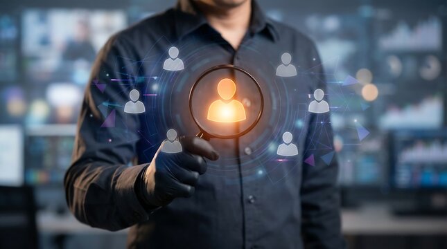 Businessman analyzing target audience with magnifying glass in modern office - Powered by Adobe