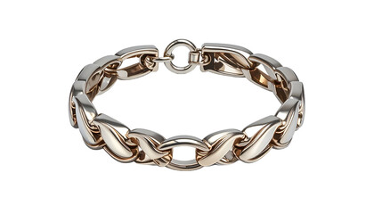 A close-up shot of an elegant bracelet with interlocking links. The gold-colored jewelry rests against a stark black background