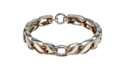 A close-up shot of an elegant bracelet with interlocking links. The gold-colored jewelry rests against a stark black background