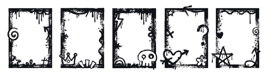 Vertical Street Art Overlay Templates, Set of Black Grunge Graffiti Frames with Dripping Paint Effect and Funky Design Elements for Posters or Social Media Stories.