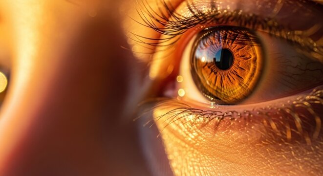 Detailed golden eye macro with intricate iris patterns and eyelash detail creating visual impact