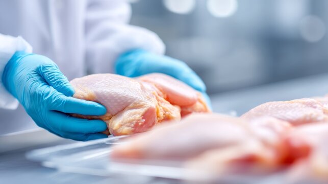 Gloved hands in a clean processing plant carefully arrange chicken pieces. The focus is on food safety, handling meat with precision, and sanitation to ensure consumer health