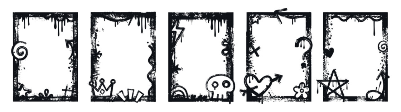 Vertical Street Art Overlay Templates, Set of Black Grunge Graffiti Frames with Dripping Paint Effect and Funky Design Elements for Posters or Social Media Stories.