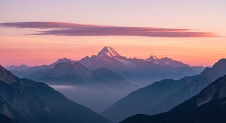 Fototapeta premium Majestic alpine landscape with layered mountains and serene sunset atmosphere, showcasing