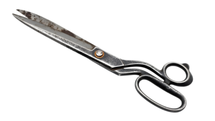 Old metal scissors with rusty blades and handles isolated on a transparent background
