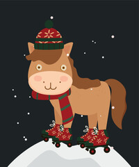 Happy Holidays Horse Wearing  Hat and Scarf, Roller Skaters at Snow Background
