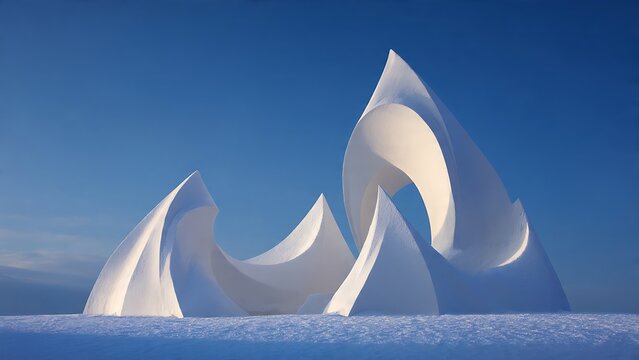 Elegant abstract white sculptural forms with flowing curves create a modern minimalist landscape against a vibrant blue sky and pristine snow-covered ground