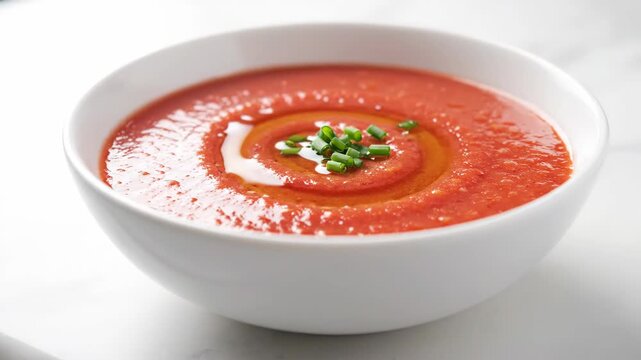 Bowl of tomato soup garnished with herbs on white marble surface