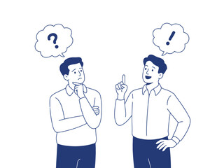 Two Men Discussing Ideas and Solutions with Question and Exclamation Marks