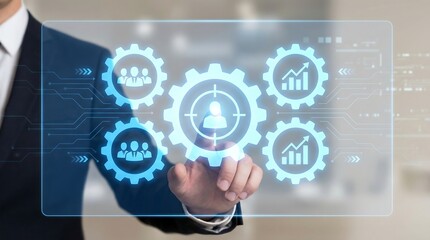 Businessman interacting with futuristic digital interface for team management and data analysis in modern office