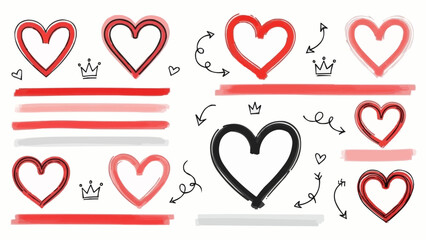 Collection of Hand Drawn Hearts and Decorative Elements in Red and Black.