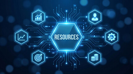Business resources concept with glowing blue circuit board design