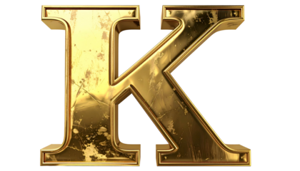 A close-up view of a metallic, golden letter "K", showing surface texture and slight imperfections. The bold shape appears three-dimensional