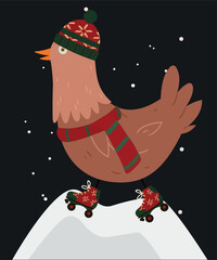 Happy Holidays Chicken Wearing  Hat and Scarf, Roller Skaters at Snow Background