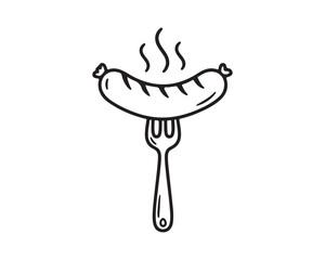 Hand-drawn Hot Steaming Sausage on Fork, Line Art Doodle Icon