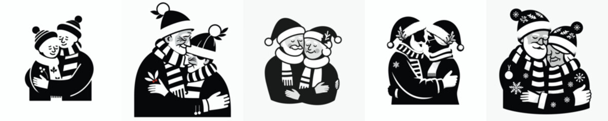 vector silhouette half body of old couple giving a warm hug at Christmas
