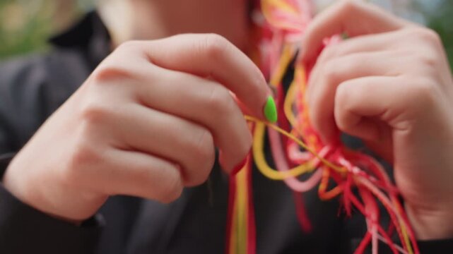 close-up caucasian hands braiding colorful cords, painted nails, outdoor bokeh, slow repetitive motion suggesting anxiety relief and quiet contemplation, tactile focus on thread texture and friendship