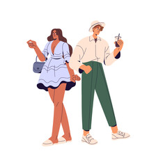 Romantic couple in summer clothes. People are wearing hot weather outfits. Tanned woman in dress and young man with refreshing soft drink stand together. Flat isolated vector illustration on white