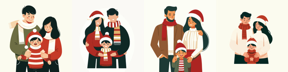 vector father and mother hugging their child on christmas