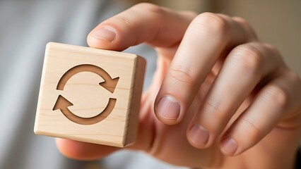 Circular Economy: Wooden Block with Recycle Arrow Symbol Held in Hand, Sustainable Resources