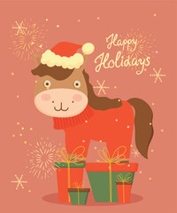 Happy Holidays Horse  Wearing Santa Hat and Sweater
