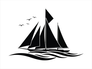 Sailing boat on waves with birds in the sky, elegant nautical illustration
