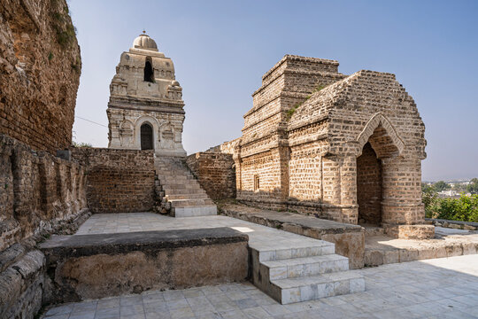 Scenic landscape view of ancient stone temples at Katas Raj hindu Shiva temple complex, Chakwal, Punjab, Pakistan