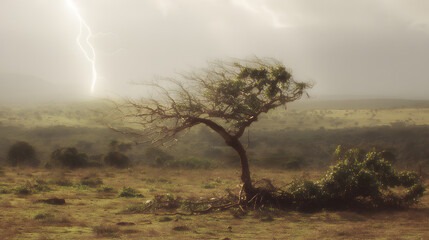predictability. A solitary tree struck by lightning during a storm with dramatic sky. ESG reports, sustainability campaigns, designed for sustainability communications and ESG reporting.