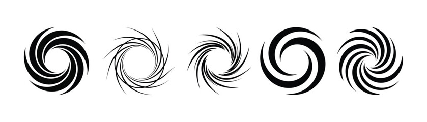 Set of swirling abstract vortex shapes and spiral motion graphics