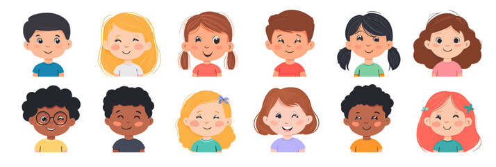 Diverse kindergarten children faces avatar set with various hairstyles smiling multicultural boys girls flat vector illustration