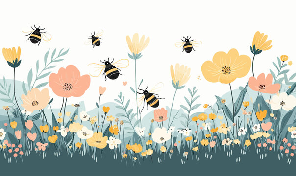 Whimsical spring meadow with blooming wildflowers bees flying over pastel orange yellow white flowers minimalistic vector illustration flat style
