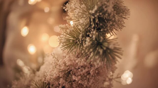 Pulling focus camera revealing frosted pine branch texture in living room, with warm bokeh lights