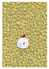 A funny hen surrounded by little chicks